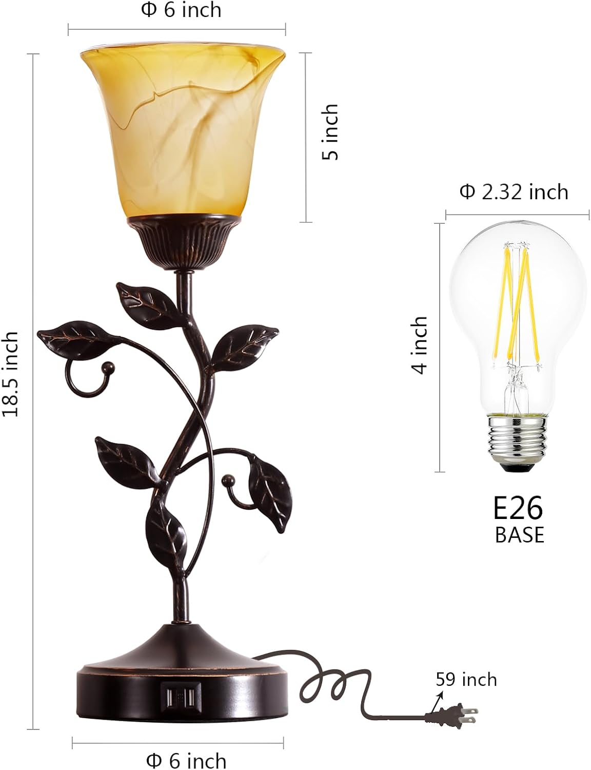 Set of 2 Touch Vintage Bedroom Leaf Table Lamps with 2 USB Ports
