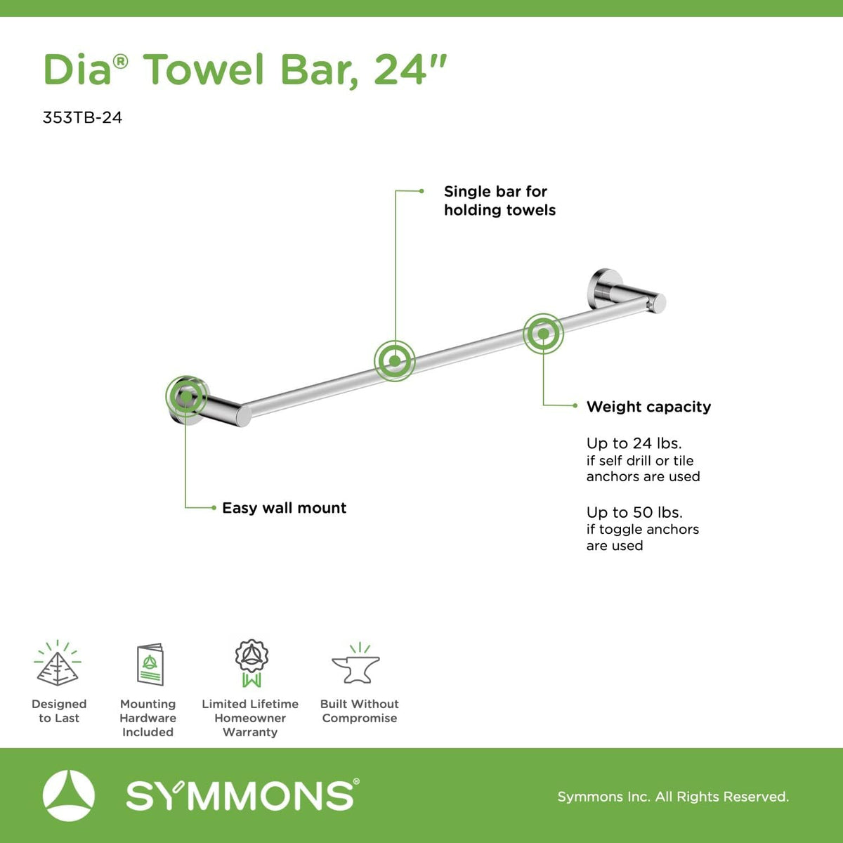 Symmons 353TB-24 Dia 24 in. Wall-Mounted Towel Bar in Polished Chrome