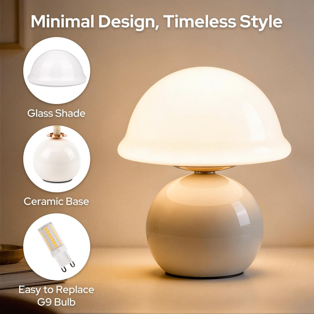Glass Mushroom Lamp, Dimmable Bedside Table Lamp (White)
