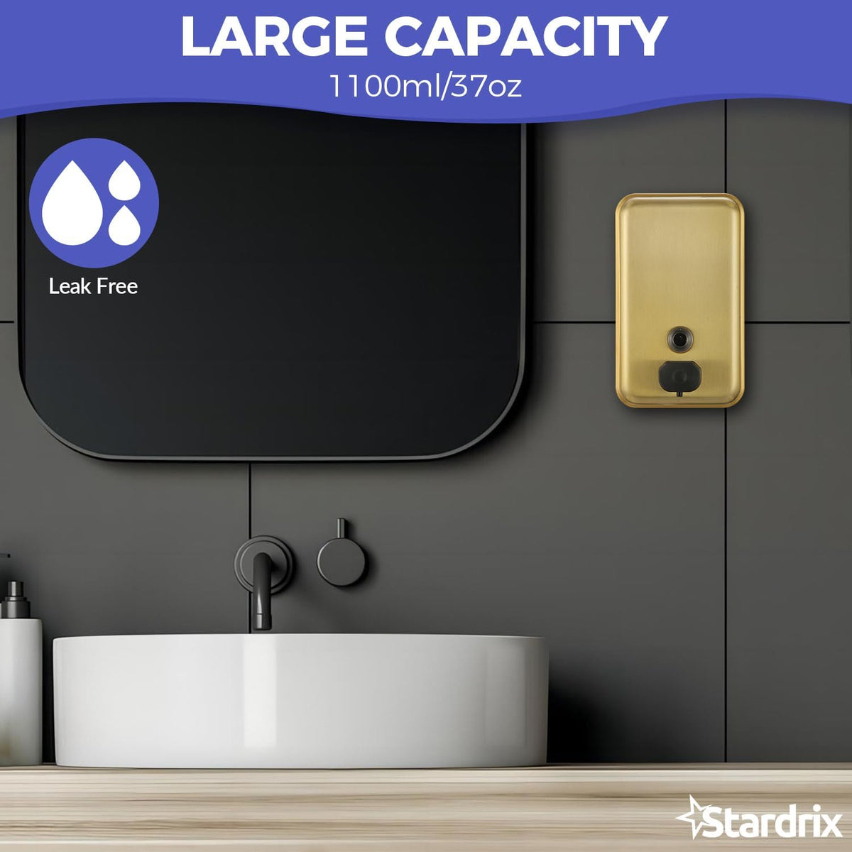 Stardrix Brushed Gold Stainless Steel Vertical 1100ml/37oz Capacity Commercial-Grade Soap Dispenser, Wall-Mounted Bathroom Hand Soap Dispenser with Corrosion-Proof Lining and Anti-Leak Pump
