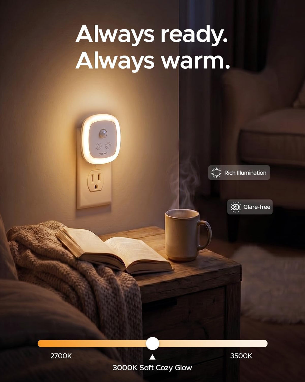 YELKO LED Nightlights Plug into Wall, Motion & Dust to Dawn Sensor, 2-Pack