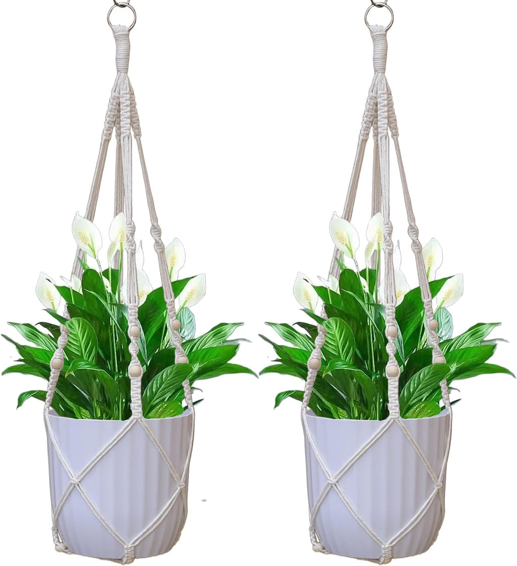 Macrame Plant Hanger Indoor Hanging Flower Pot Holder Boho Home Decor Planter Basket for Indoor Outdoor Ivory (POTS NOT Included) (Wood Bead-35, 2)