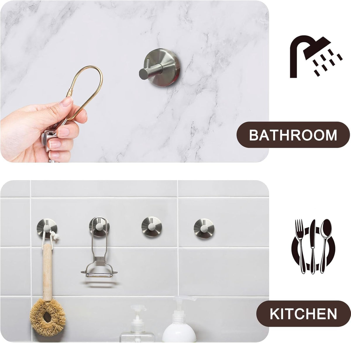 4 Pcs Silver Suction Cup Towel Hooks, Stainless Steel Bathroom Shower Hooks, No Drill Heavy-Duty Bathrobe Suction Wall Hooks,Strong Holder for Hanging Towel, Robe, Coat - Waterproof & Rustproof