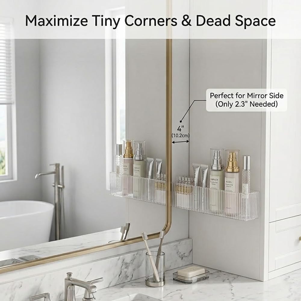 Slim Narrow Wall Mount Bathroom Shelf Organizer, 2.3" Deep, 2 Pack