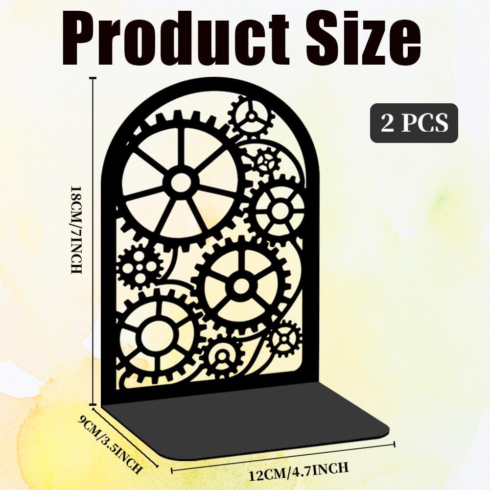 Gear Book Shelf Decorative Bookends for Shelves, Book Ends for Heavy Books, Interlocking Gear Design Metal Bookends for Desk Organizer, Office Library Decor Decorative Books for Home Decor