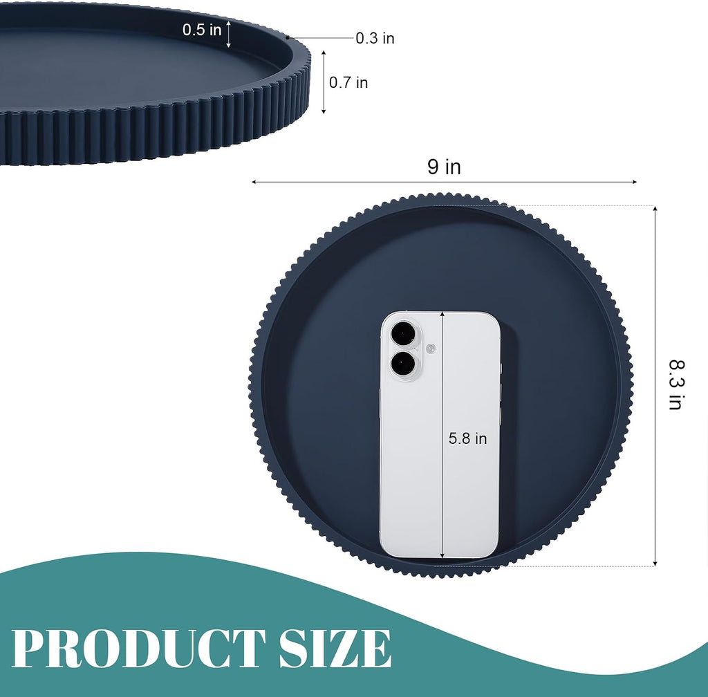 Silicone Bathroom Tray Round Perfume Tray Coffee Table Decor, 9" Dark Blue