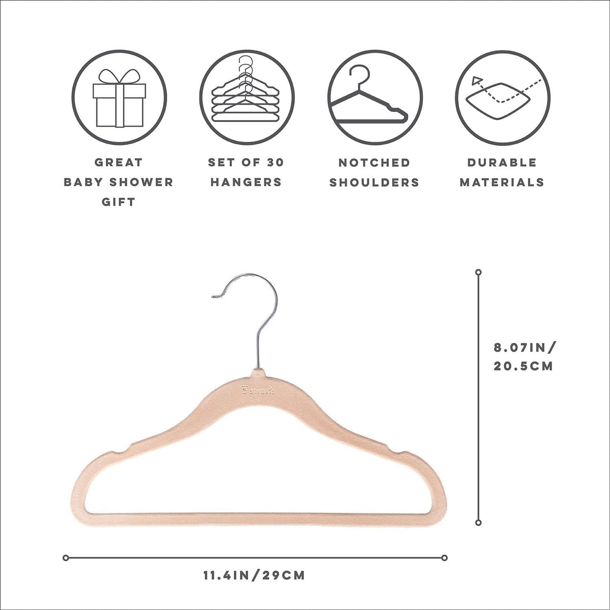 3 Sprouts Velvet Baby Hangers, Non Slip Slim, Hazelnut, 30 Pack