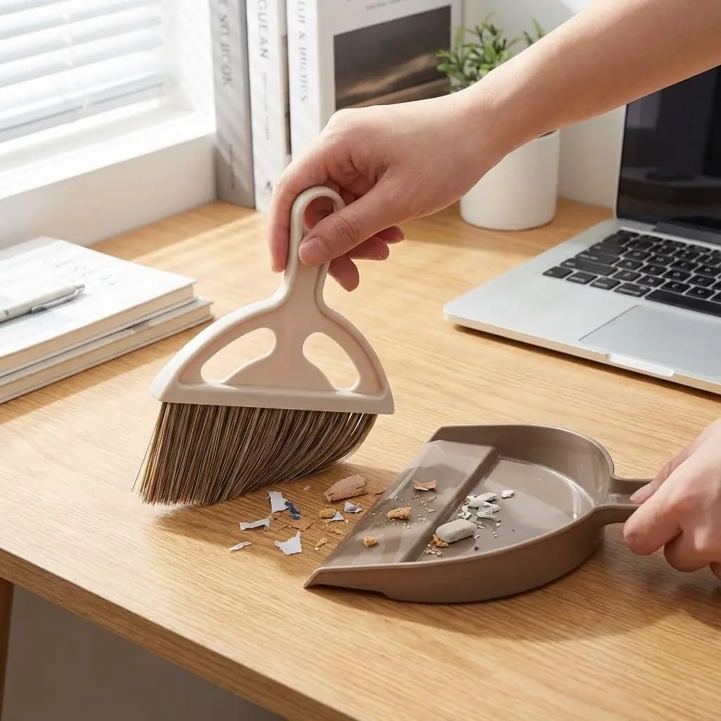 Mini Broom and Dustpan Set, Compact Hand Brush Dust Pan Combo for Desk, Keyboard, Car Interior, Countertop, Cat Litter, Small Space Cleaning, Brown