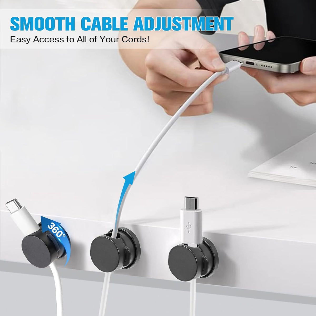 6PC Cord Organizer Holder for Desk, New 360° Rotatable Spring Cable Clips