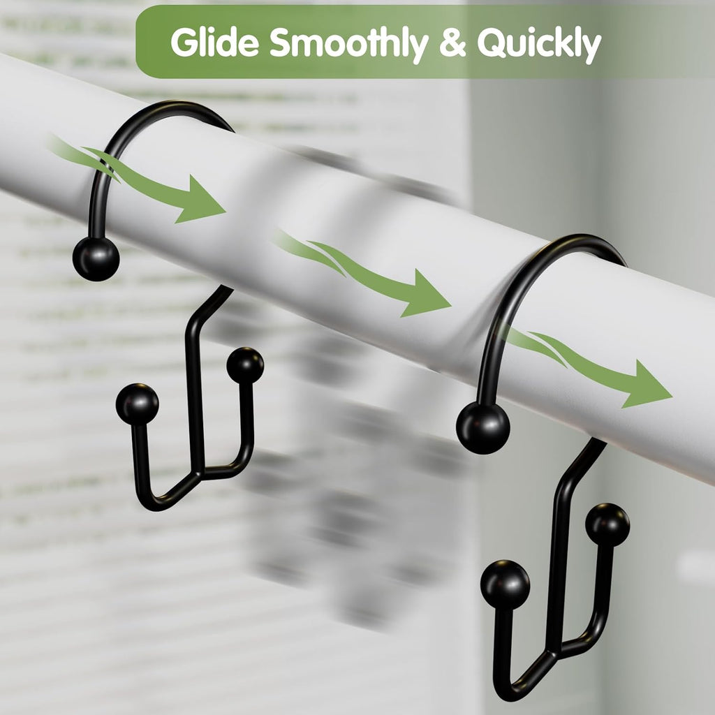 OEH 24 Pcs Shower Curtain Hooks, Metal Shower Curtain Rings, Black Shower Curtain Hooks Rust Proof, Double Shower Rings for Curtain, Easy Install Anti-Drop Shower Hooks for Shower Curtain, Black