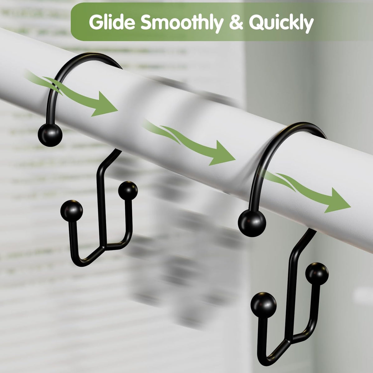 OEH 24 Pcs Shower Curtain Hooks, Metal Shower Curtain Rings, Black Shower Curtain Hooks Rust Proof, Double Shower Rings for Curtain, Easy Install Anti-Drop Shower Hooks for Shower Curtain, Black