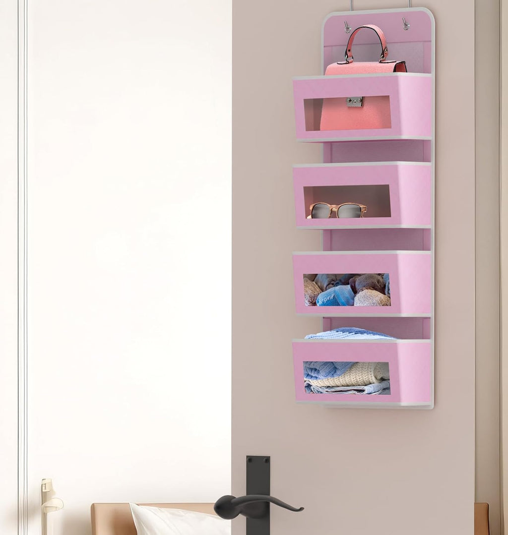 Simple Houseware 4 Clear Window Pocket Over Door Hanging Organizer, Pink