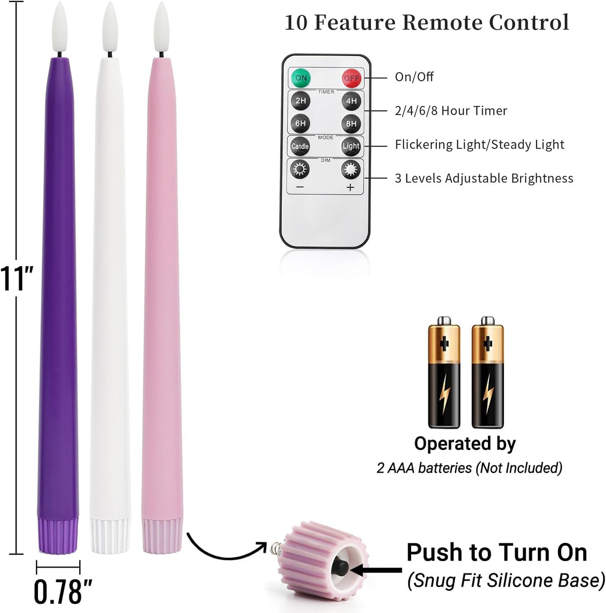 Stmarry Flameless Advent Candles, Set of 5 - Flickering LED Flame, 11 Inch Taper Candlesticks, Remote Controlled - 3 Purple, 1 Pink, 1 White for Christmas Wreath