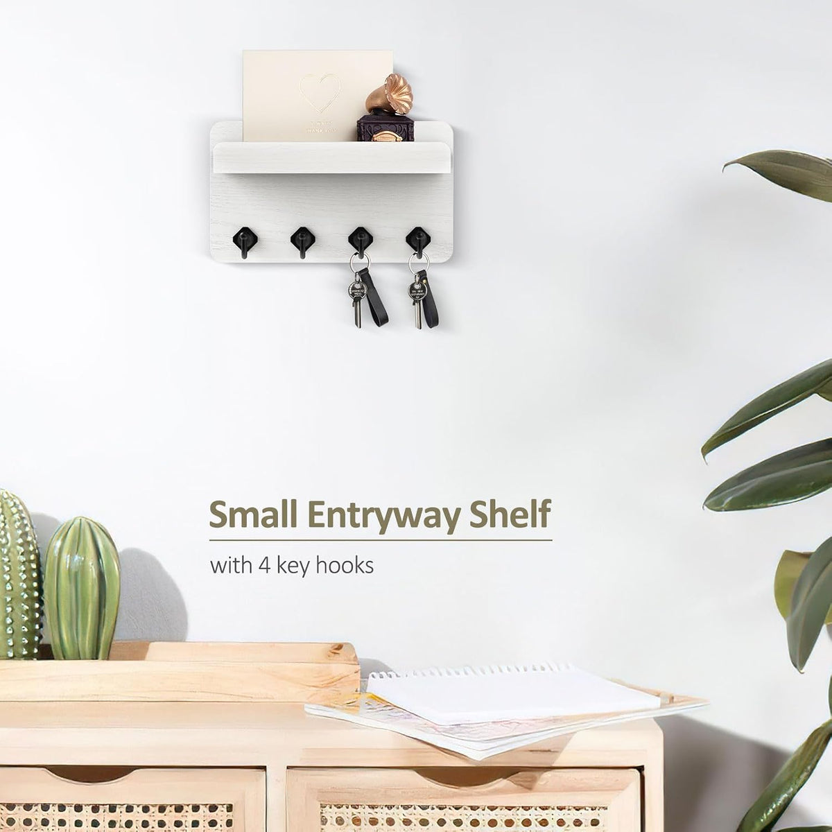 Nekon Key Holder Wall Mount, 8.5 Inch Small Wooden Wall Organizer, White