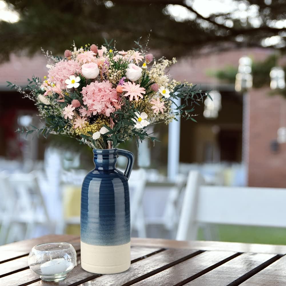 12.5" Blue Ceramic Vase for Home Decor Large Decorative Vase Boho Pottery Bud Vase for Flowers Rustic Farmhouse Tall Single Flower Vase for Centerpieces Pampas Grass
