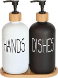Glass Soap Dispenser Set, Hand Soap and Dish Soap Dispenser with Bamboo Tray. Vintage Soap Dispenser with Pump for Kitchen Drain Outlet and Bathroom. Stylish Permanent Labels (Matte Black&White)