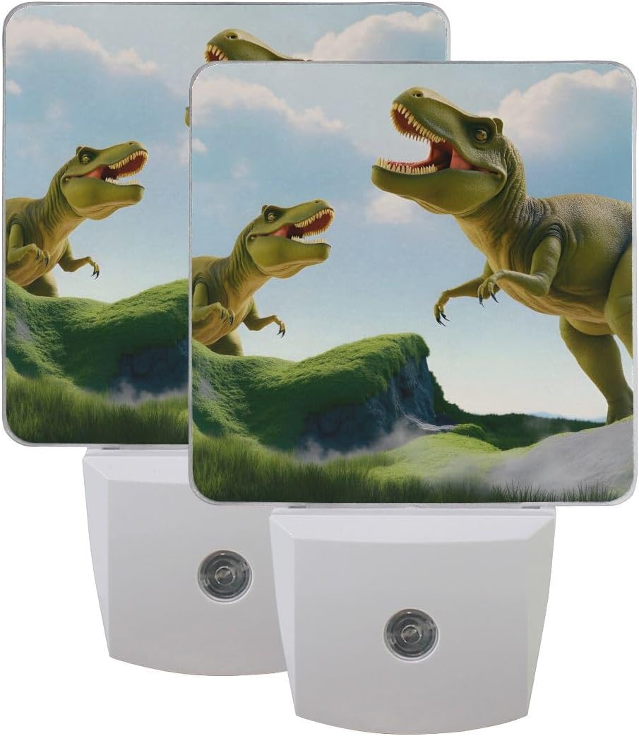 Plug-in LED Night Light Lamp Dinosaur Printing with Dusk to Dawn Sensor for Bedroom, Bathroom, Hallway, Stairways, 0.5W-2 Pack