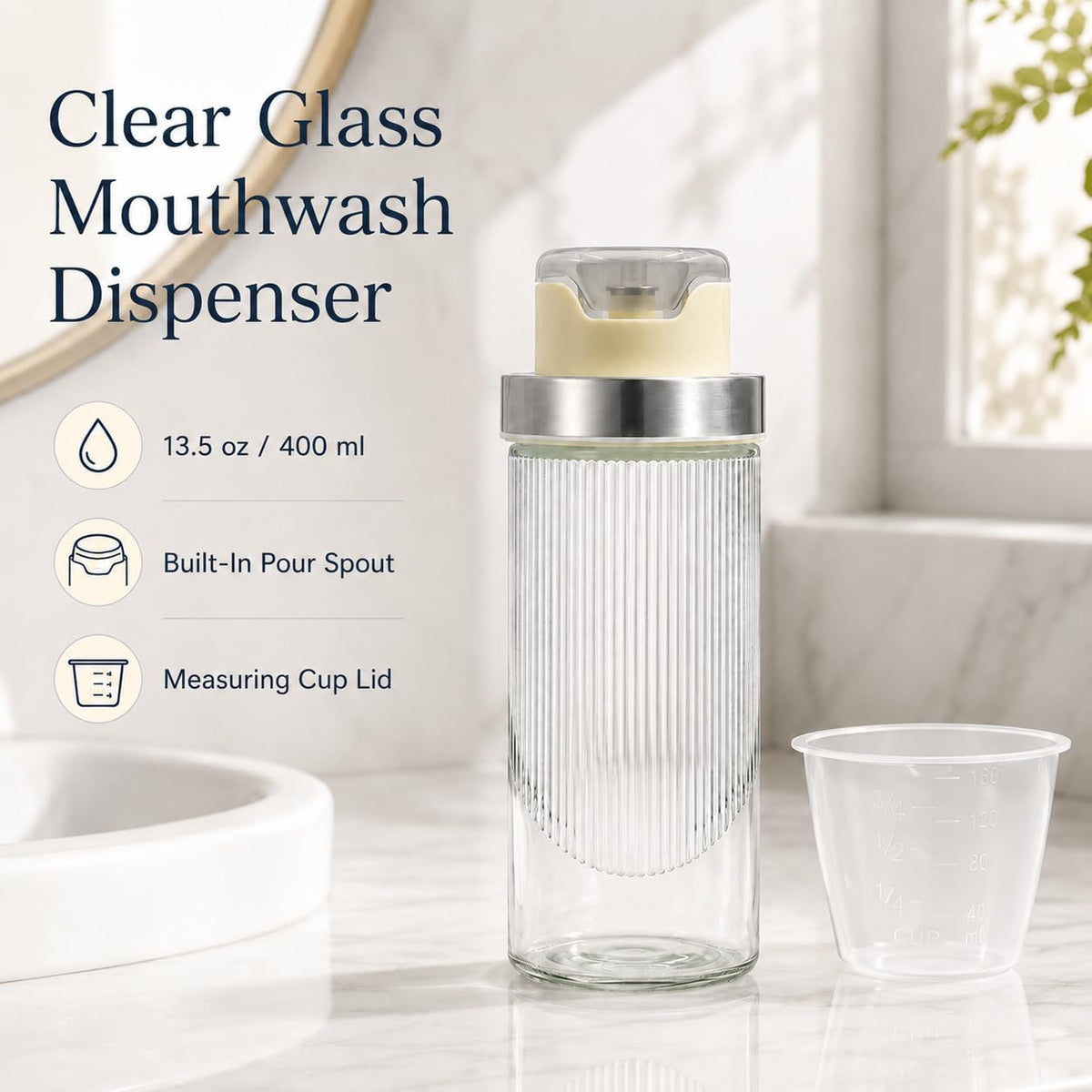 LGURT 13.5oz Clear Glass Mouthwash Dispenser with Measuring Cup
