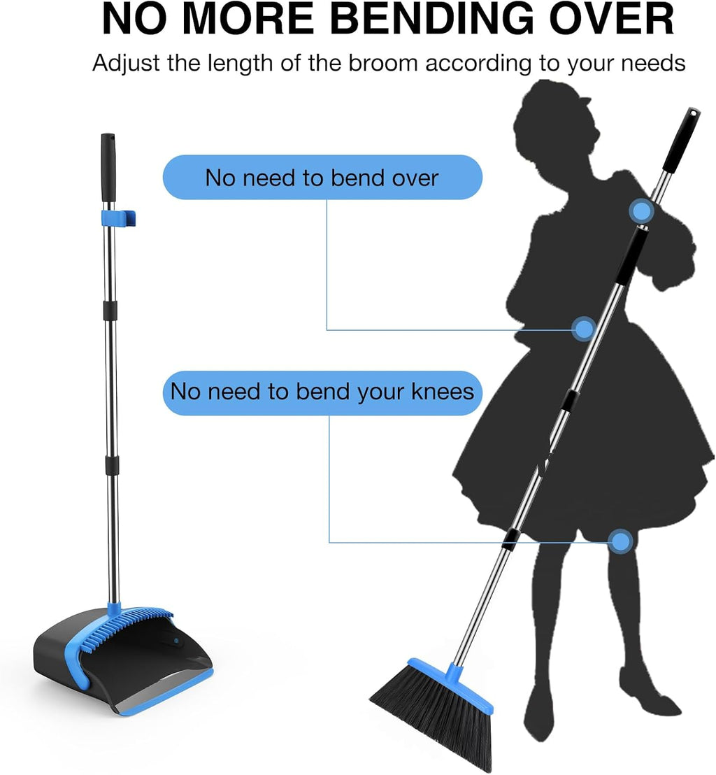 NACENA Broom and Dustpan Set with 52-in Long Adjustable Handle, Black Blue