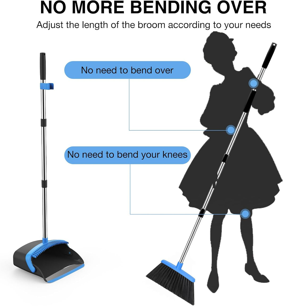 NACENA Broom and Dustpan Set with 52-in Long Adjustable Handle, Black Blue