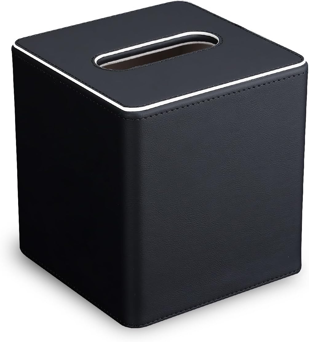 KINGFOM Leather Tissue Box Cover – Square Modern PU Leather Tissue Holder, Cube Tissue Dispenser for Home, Office, Bedroom, Bathroom – Elegant Minimalist Style (Black-Square)