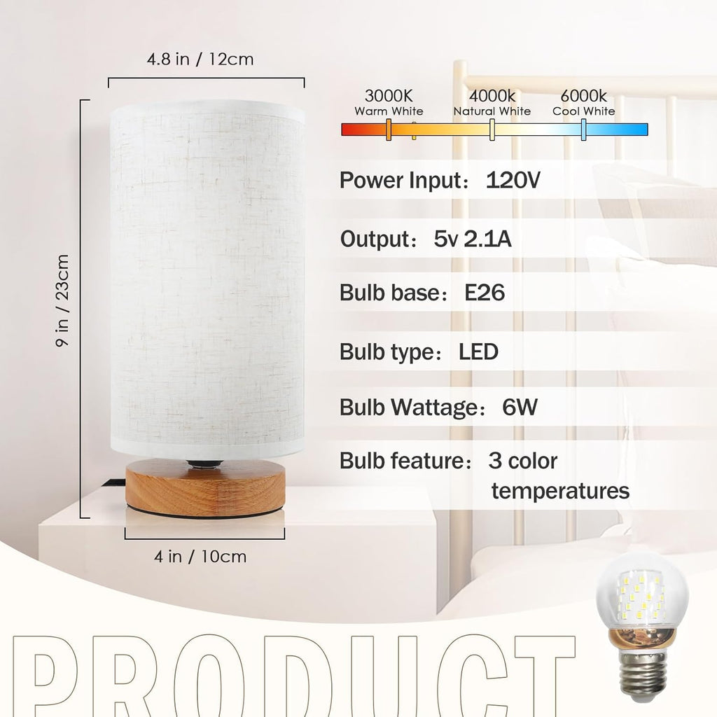 3-Color Adjustable Bedside Table Lamp for Bedroom,Wood Base & Fabric Shade