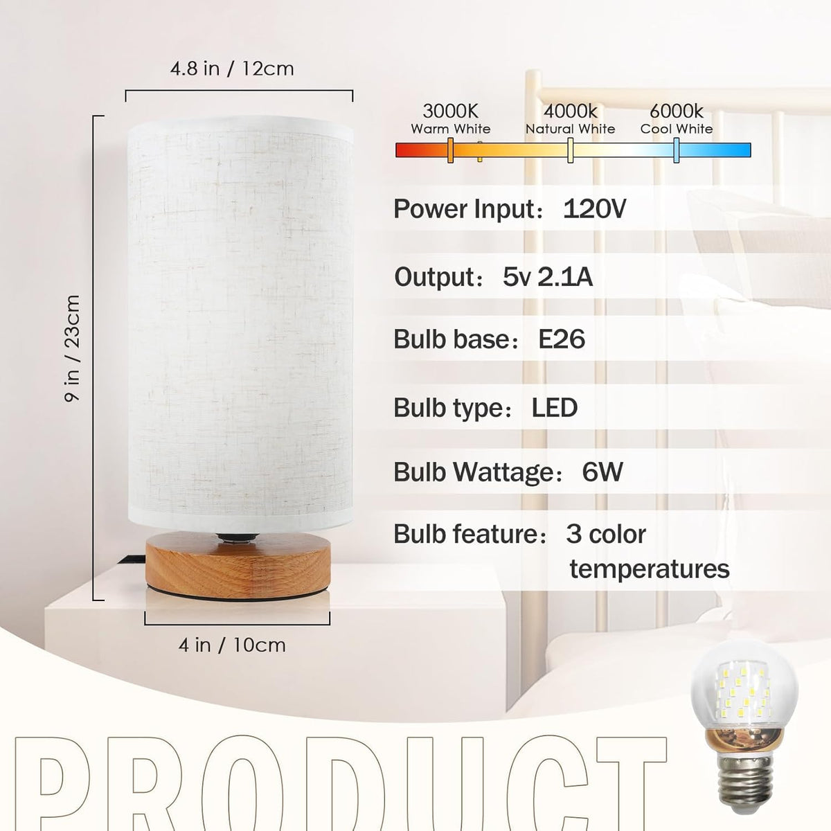3-Color Adjustable Bedside Table Lamp for Bedroom,Wood Base & Fabric Shade