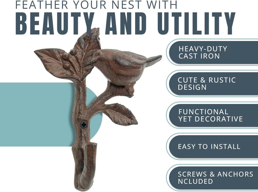 Comfify Rust Brown Bird on a Branch Cast Iron Wall Hook – Screws Included