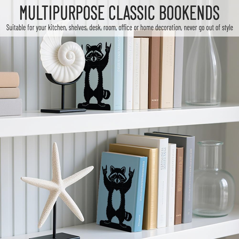 WADORN 1 Pair Rock Roll Raccoon Metal Decorative Bookend for Shelves, Heavy Duty Book Ends Modern Non-Skid Books Holder Stand Black Book Support Stoppers for Office Desk Bookshelf, 5.3x4.3x7.8 Inch