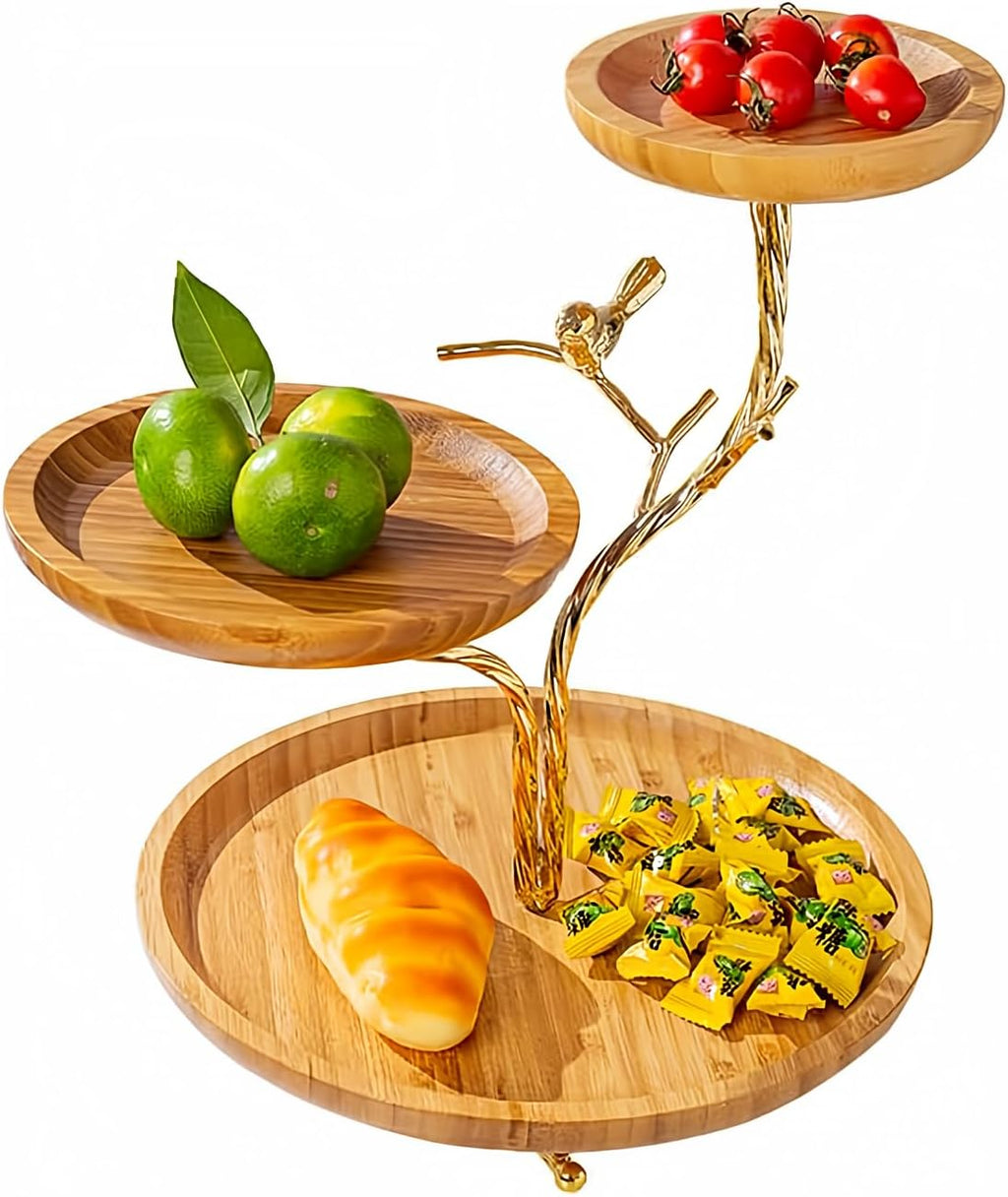 LANDTOM 3-Tier Fruit Basket Electroplating Metal Stand Decorative Fruit Bowl Rack Bamboo Wooden Storage Trays Table Countertop Holder for Vegetables Bread Snack for Kitchen Home Use, Gold (Type D)