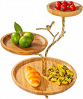 LANDTOM 3-Tier Fruit Basket Electroplating Metal Stand Decorative Fruit Bowl Rack Bamboo Wooden Storage Trays Table Countertop Holder for Vegetables Bread Snack for Kitchen Home Use, Gold (Type D)