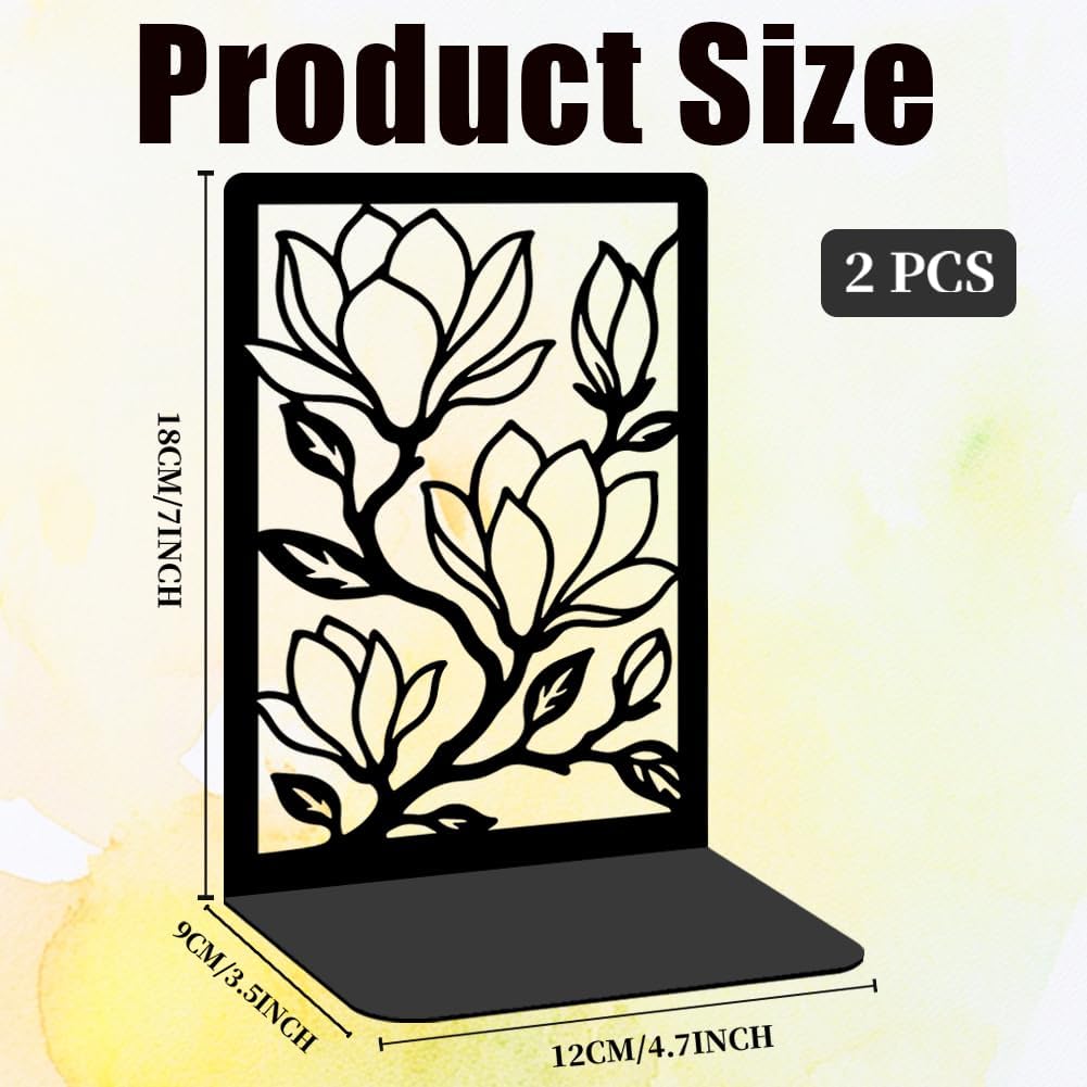 Iron Metal Bookends for Shelves, Magnificent Magnolia Book Ends Decorative Books, Desk Organizer Bookend for Book Display, Non-Slip Bookend for Library Office Home Decor