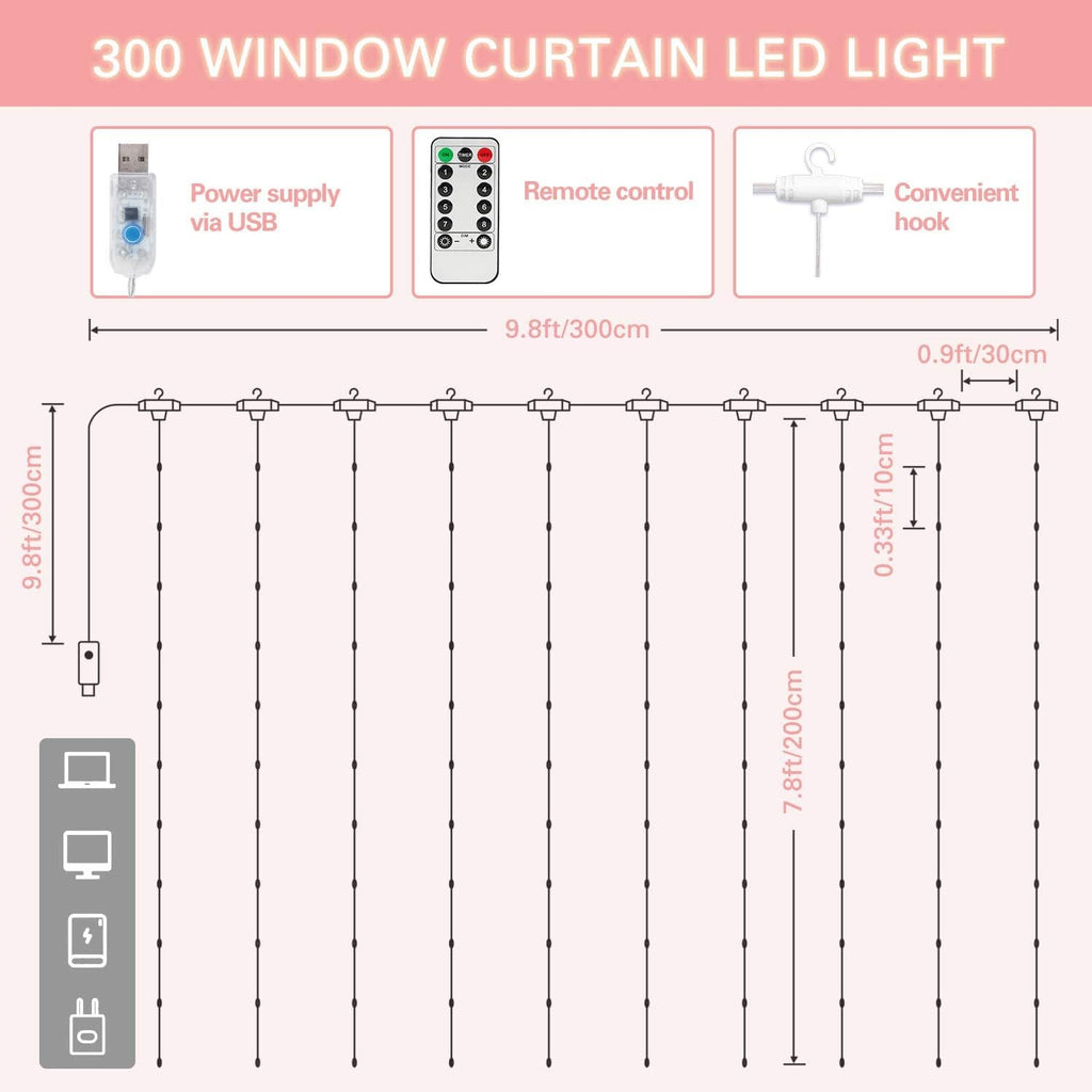 SUNNEST LED Curtain Lights Christmas, 300 LEDs 9.8FT x 9.8FT USB Curtain String Light with 8 Lighting Modes Wall Lights with Remote Control, Twinkle Light for Bedroom Decoration (Red)