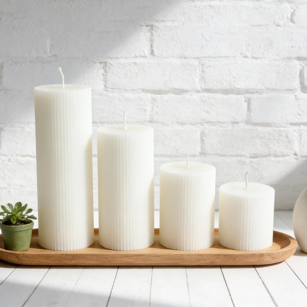Ribbed Pillar Candles 3x4 Inch 6 Pack White Soy Candles