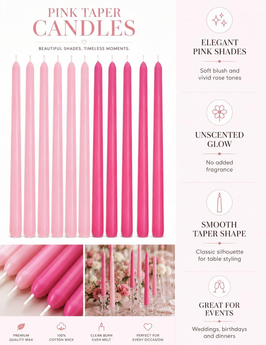 6 Hot Pink 6 Pink 10 Inch Taper Candles for Wedding Valentine's Day
