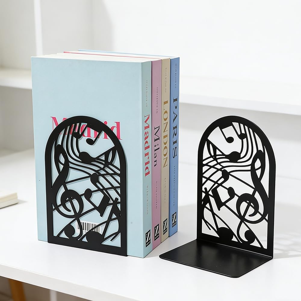Music Note Book Ends, Heavy Duty Metal Bookends for Shelves
