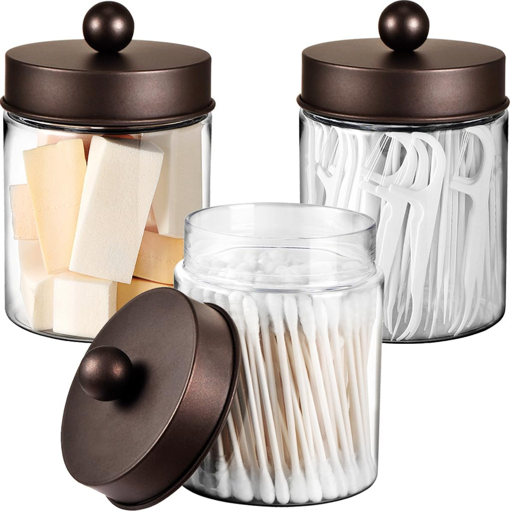 3PC Farmhouse Decor Qtip Holder Apothecary Jars, (Bronze, Plastic)