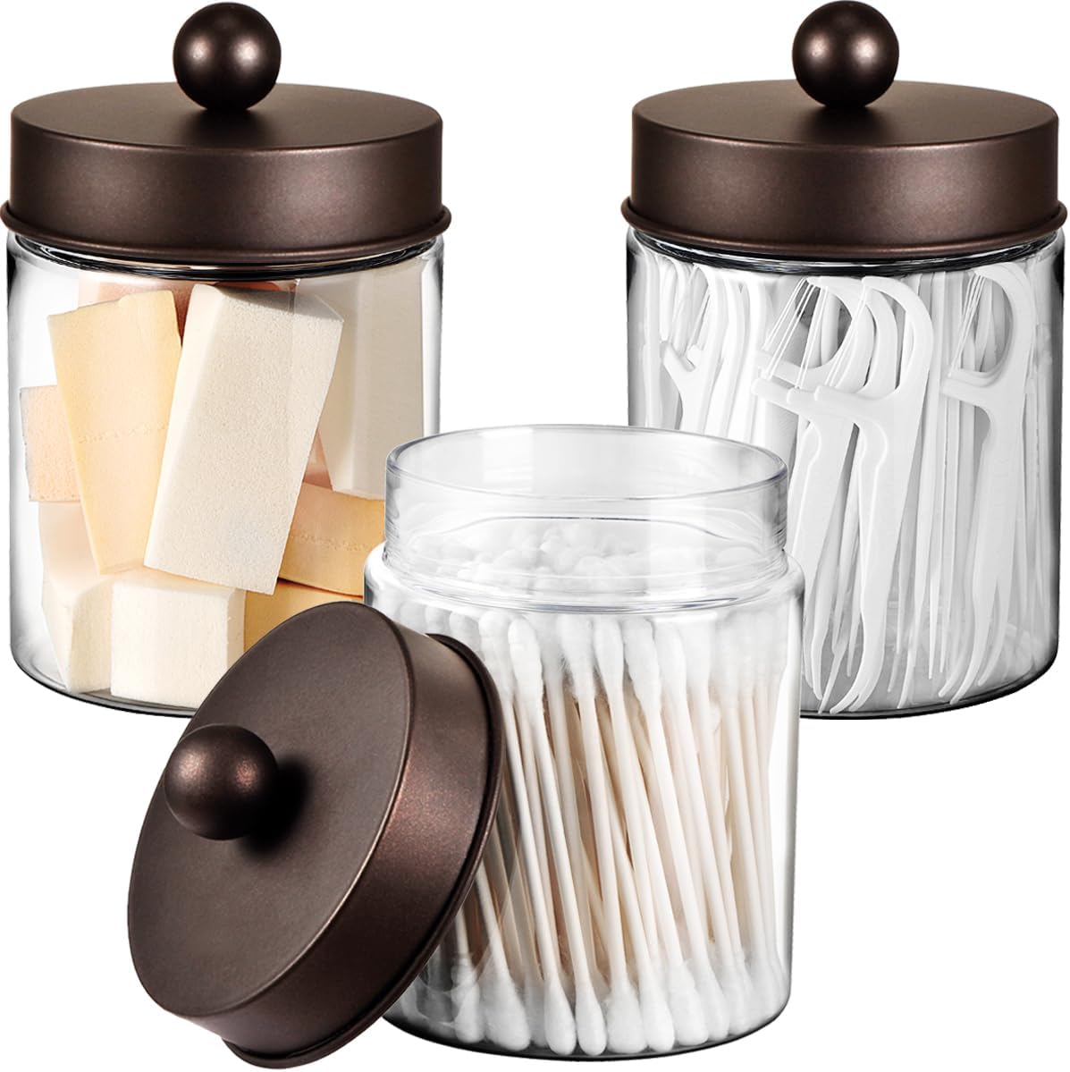 3PC Farmhouse Decor Qtip Holder Apothecary Jars, (Bronze, Plastic)