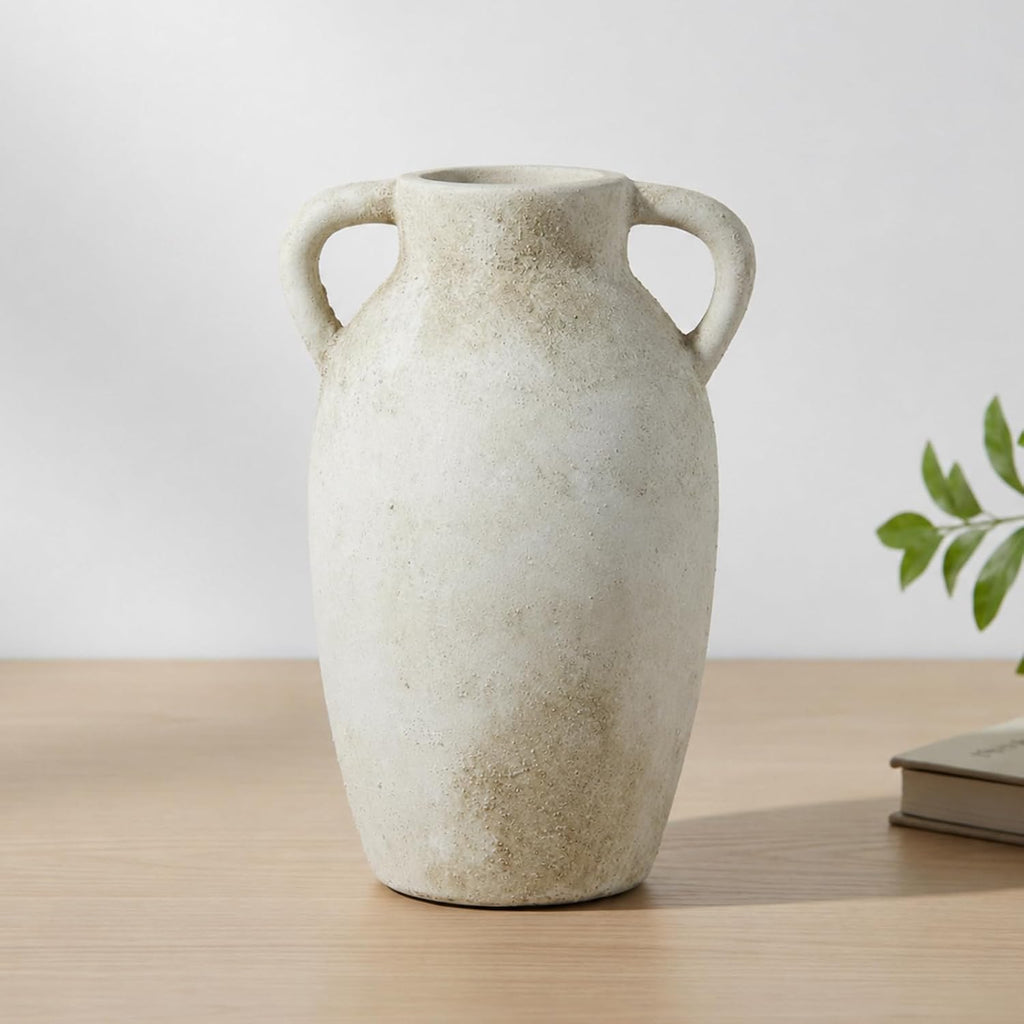9.8 Inch Beige Ceramic Vase with Handles, Rustic Farmhouse Jug