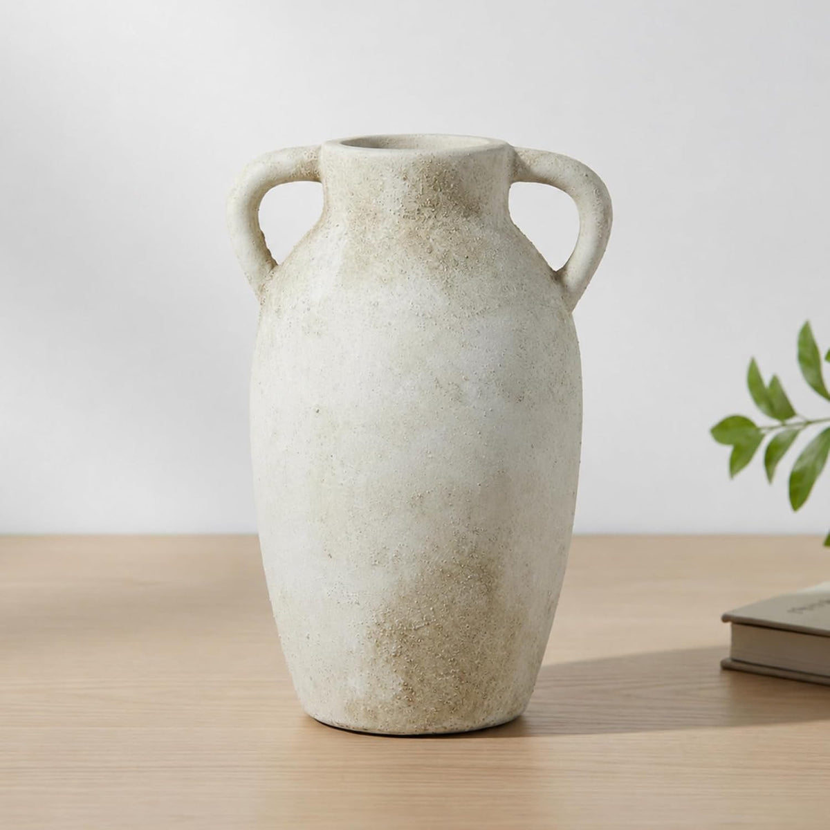 9.8 Inch Beige Ceramic Vase with Handles, Rustic Farmhouse Jug