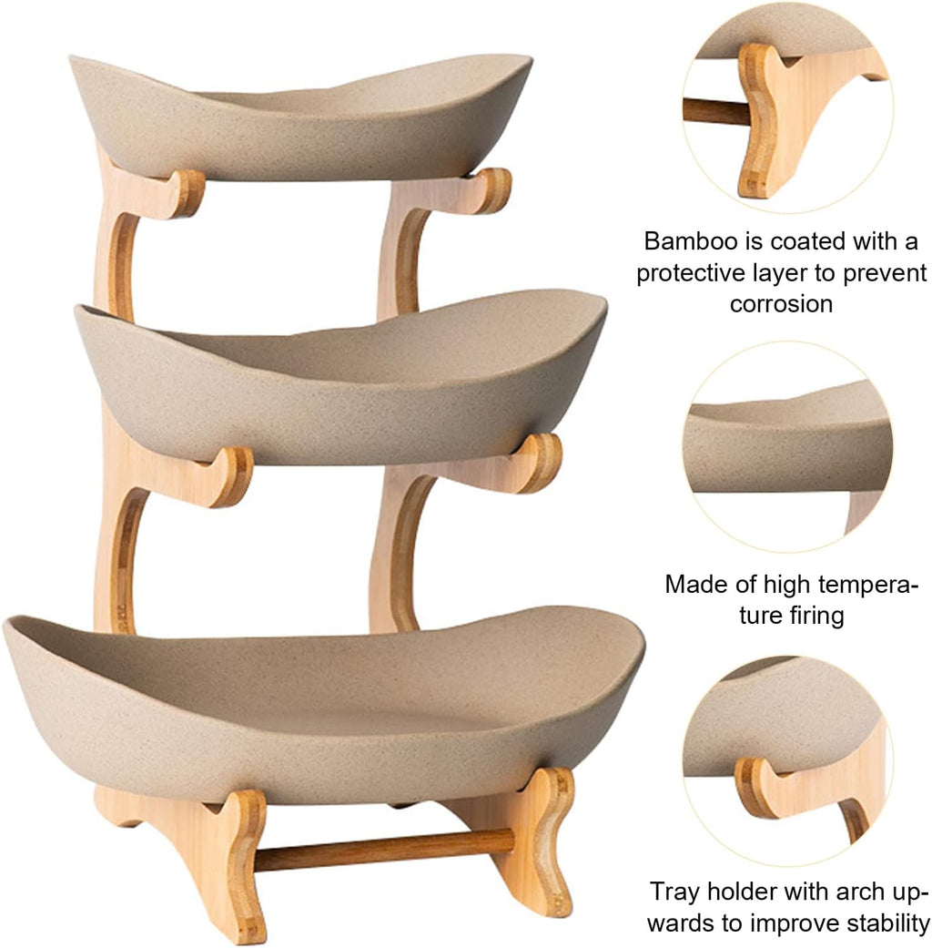 jessie 3 Tiered Fruit Bowls Wooden Stand Ceramics Tiered Tray Decor Serving Fruit Cup Cake Dessert for Party Wedding Farmhouse (Porcelain)
