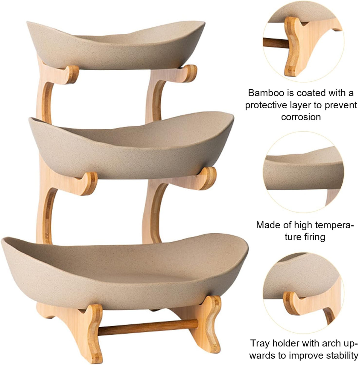 jessie 3 Tiered Fruit Bowls Wooden Stand Ceramics Tiered Tray Decor Serving Fruit Cup Cake Dessert for Party Wedding Farmhouse (Porcelain)