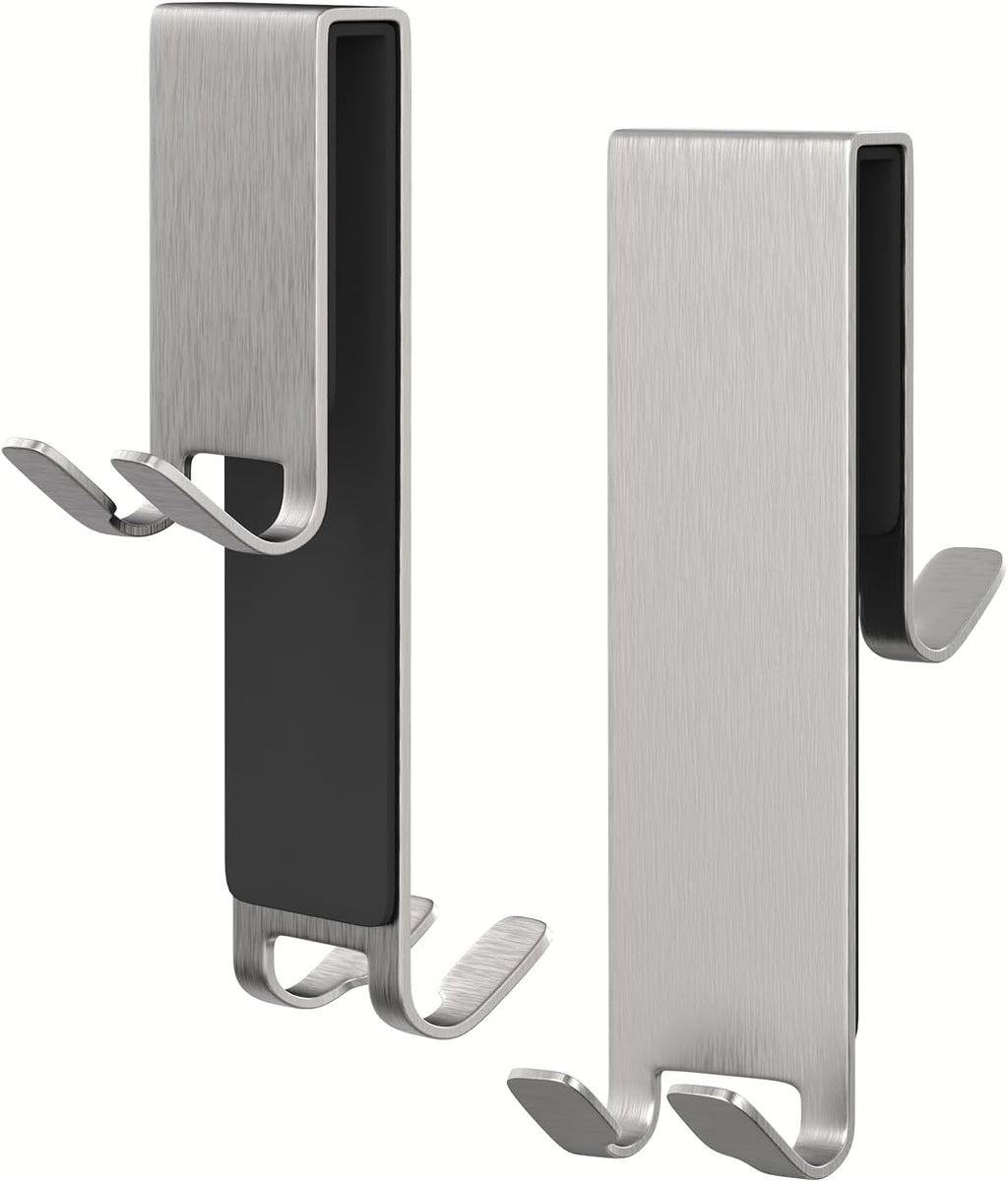 Double-Sided Over The Door Hooks 2-Pack - for Frameless Glass Showers, Heavy Duty No Drill Organizer for Towels Robes, Space Saving Silver