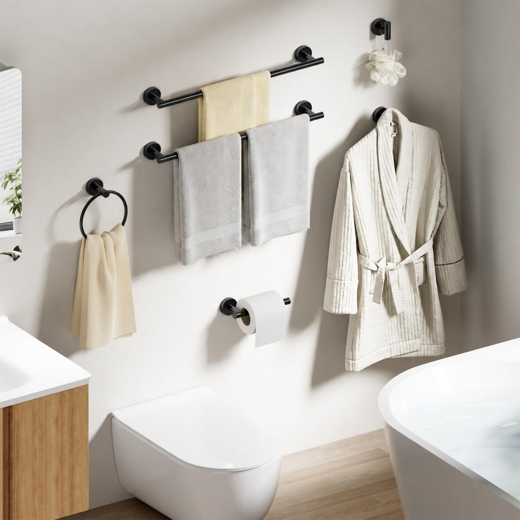 Black Bathroom Accessories Set, 6 Pieces Bathroom Hardware Set Black Bathroom Set, 24 Inch Towel Racks for Bathroom, SUS304 Stainless Steel Bath Towel Bar Set Toilet Paper Holder Wall Mounted