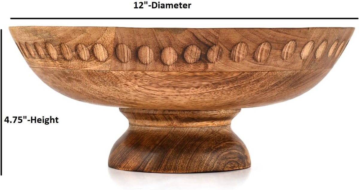 Fruit Bowl Mango Wood Elevated Decorative Serving Bowl | Natural Wooden Centerpiece for Kitchen & Dining (12" x 12" x 4.75")