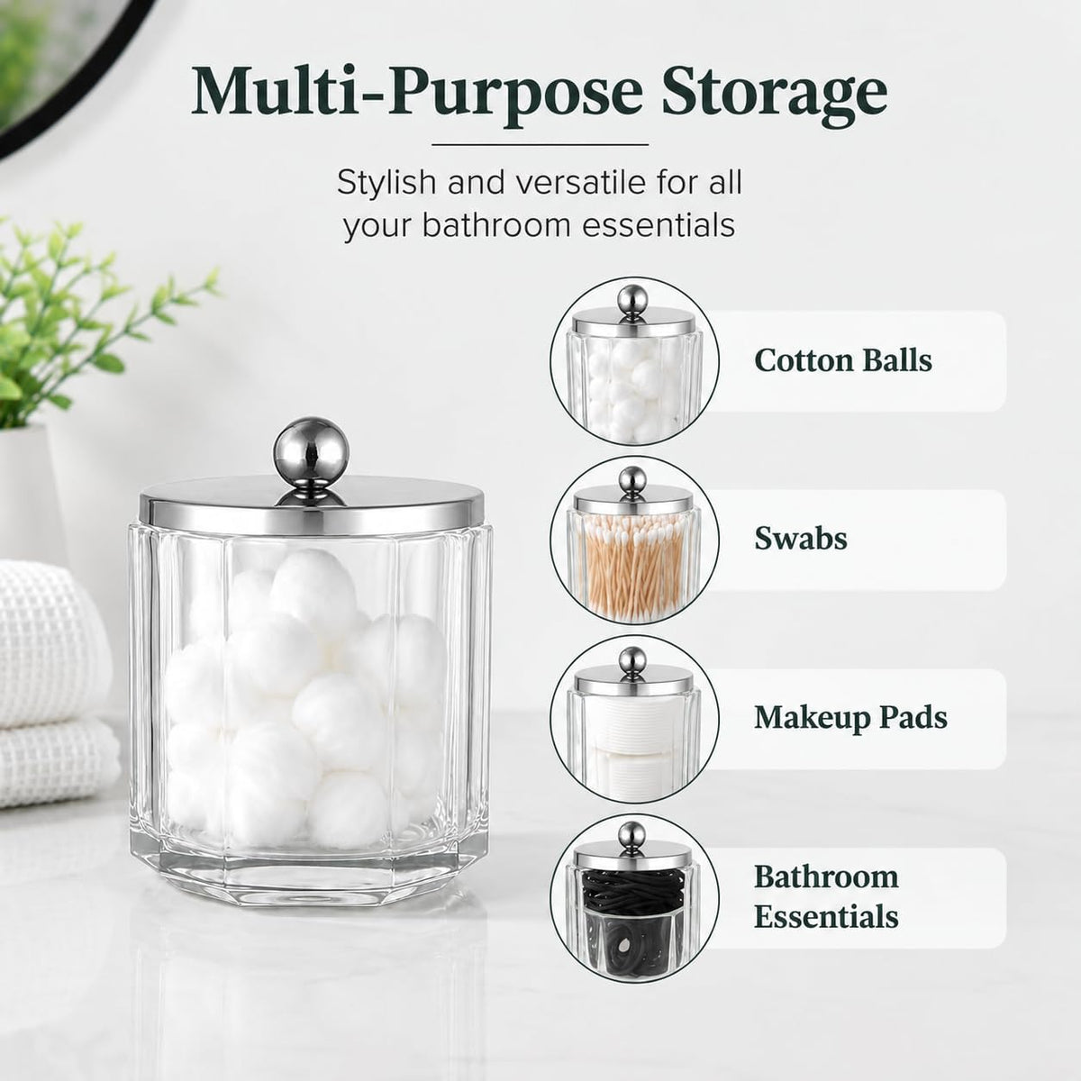 Clear Transparent Apothecary Octagional Shaped Glass Canister Jar With Silver/Chrome Metal Lid Cover for Bathroom Organization, Cotton Balls, Q Tips, and Small Accessories, Bath Storage