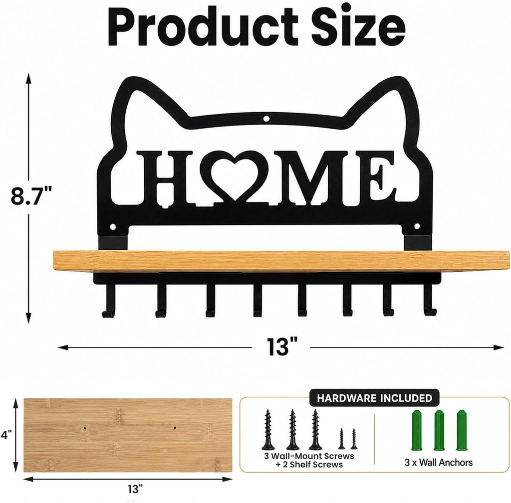 Cat Key Holder for Wall. Decorative Floating Wooden Shelf with 8 Metal Hooks, Wall Storage Rack for Entryway Hallway, Gift for Cat Lovers