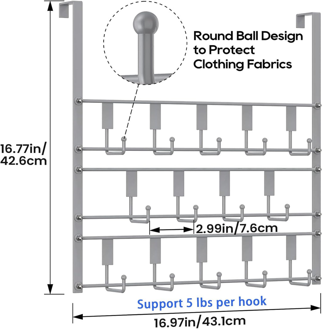 Over The Door Hooks for Hanging, 14 Hooks Over Door Coat Hanger, Coat Clothing Rack and Towel Rack for Bathroom Organizer, Door Hanger Organizer Kitchen, Bathroom Towel Storage Silver