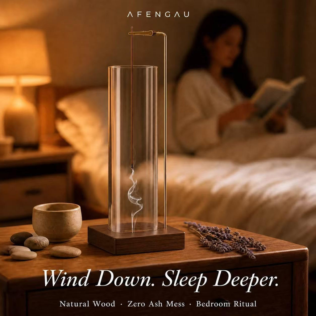 Wooden Aromatherapy Incense Holder – Upside Down Hanging Rack with 1L Ash Catcher for Home Office or Yoga Space Décor & Meditation (Glass Height 17cm)