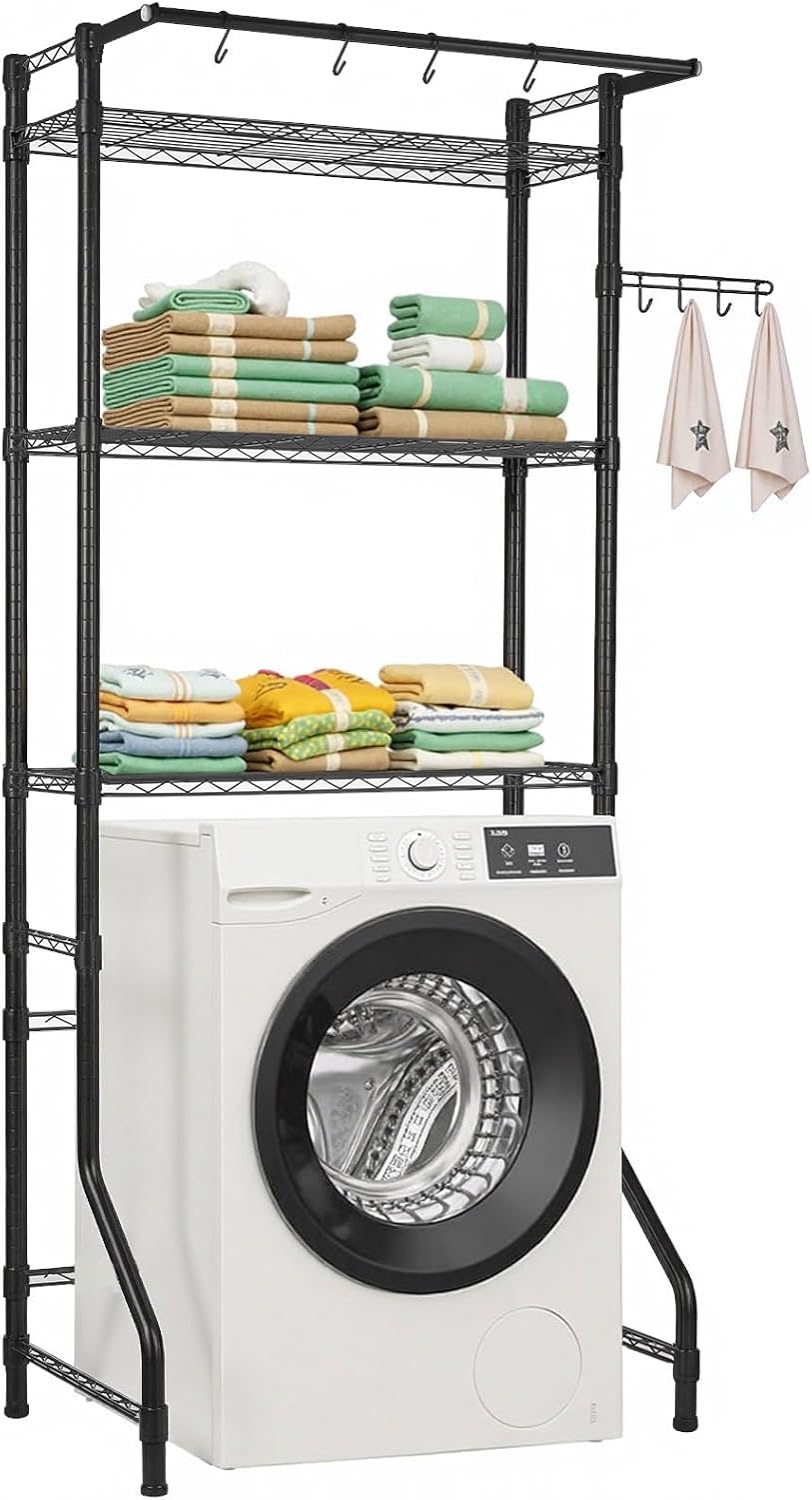 VEVOR Over the Washer and Dryer Storage Shelf, 3 Tier Laundry Room Drying Rack with Hanger Rod and Hooks, Adjustable Over Washer and Dryer Shelves, Laundry Room Shelf Storage Space Saver, Black